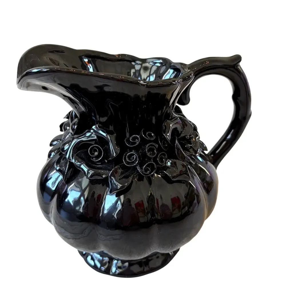 Potter's Studio Black Floral Ceramic Pitcher w/ Embossed Roses 7